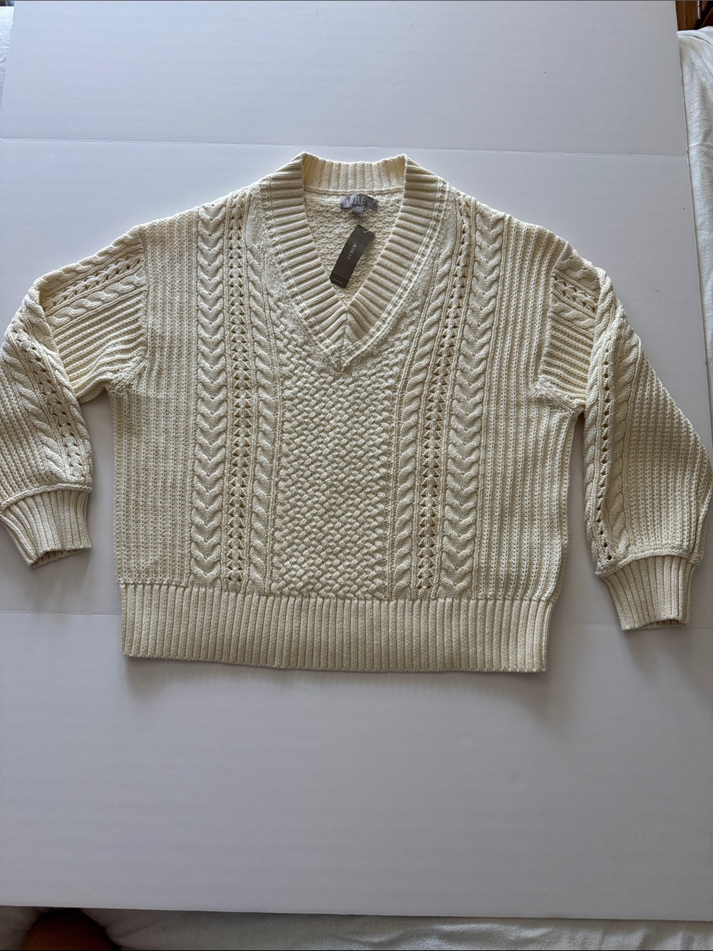 J. Crew NWT Cream Cable-Knit V-Neck Sweater Cotton Womens M